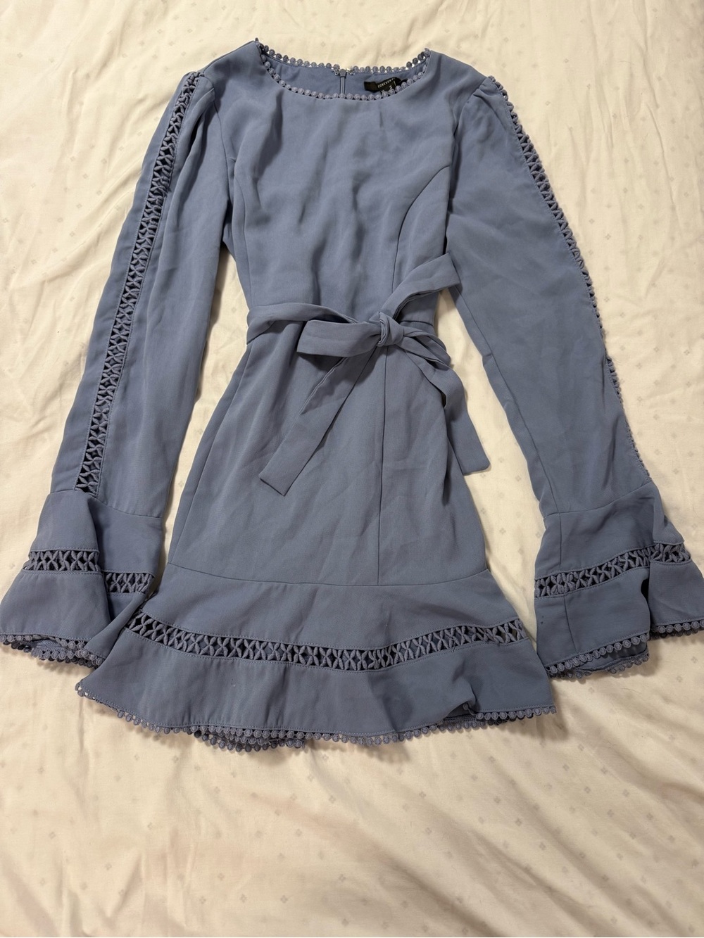 Forever 21 Dusty Blue Long-Sleeve Mini Dress with Tie Waist